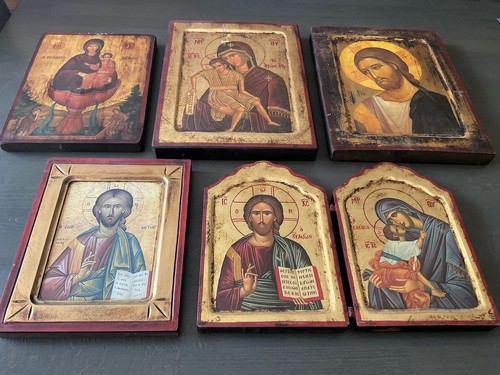 Set of 6 Hand-Painted Orthodox Icons - Vintage Religious Art