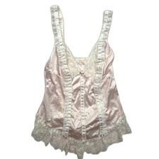 Y2K Pink Satin White Lace Rose Babydoll Lingerie Chemise Size L