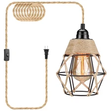 Plug in Pendant Light, Industrial Hanging Light with Plug in Cord, Hemp Rope ...