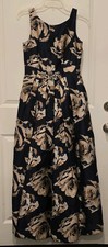 Navy Beige Floral Jacquard Beaded Sleeveless Long Asymmetrical Gown Dress