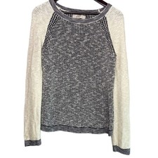 Ann Taylor LOFT Long Sleeve Waffle Block Crochet Pullover Sweater M Black White