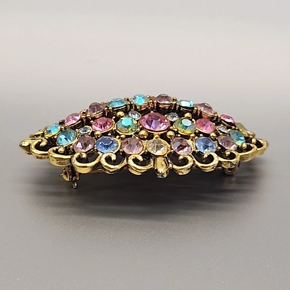 Винтажная пасхальная брошь Hollycraft со стразами пастельных цветов овальный золотой тон 2,25 дюйма - Изображение 4 из 4