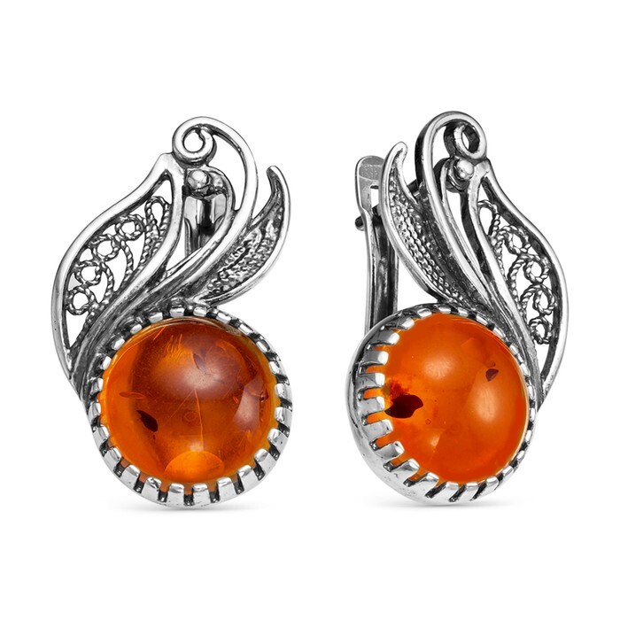Boucles d'oreilles ambre et argent avec oxydation style vintage