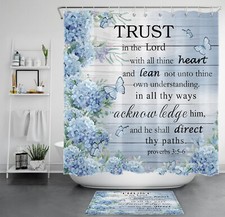 Scripture Butterfly Blue Hydrangea Flower Shower Curtain Set for Bathroom Decor