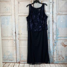 Alex Evening Mini Squin Top Sleeveless Dress Chiffon Lined Skirt Navy Blue Sz 20