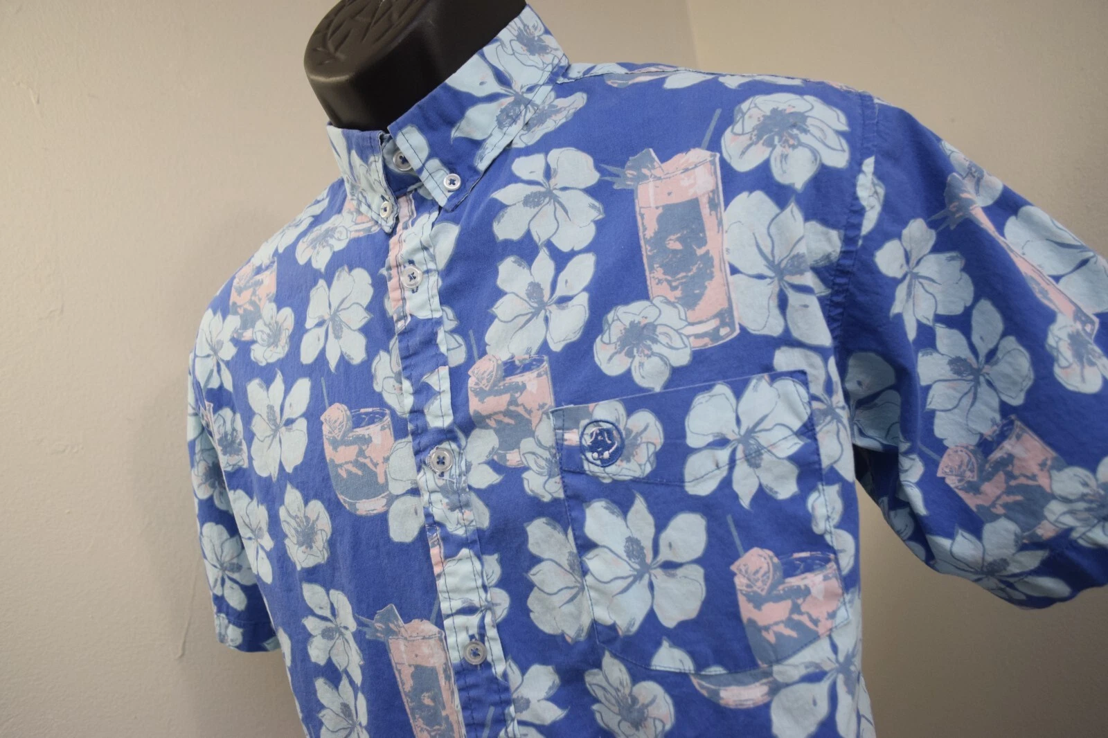 Souther Proper Floral Hawaiian Button Up Shirt Stretch Short Sleeve Mens Medium