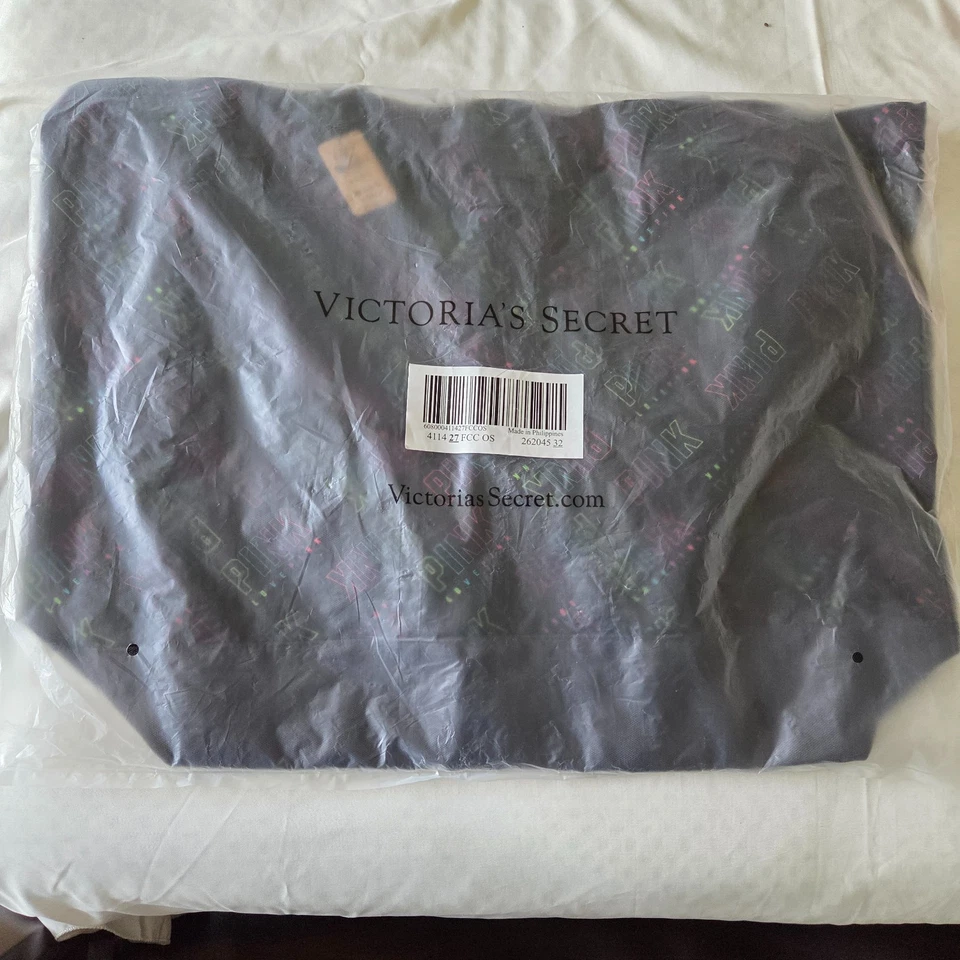 VICTORIA'S SECRET LARGE MULTI COLOR LIGHTWEIGHT PINK LOGO PRINT TOTE BAG NWT - Image 2 of 2
