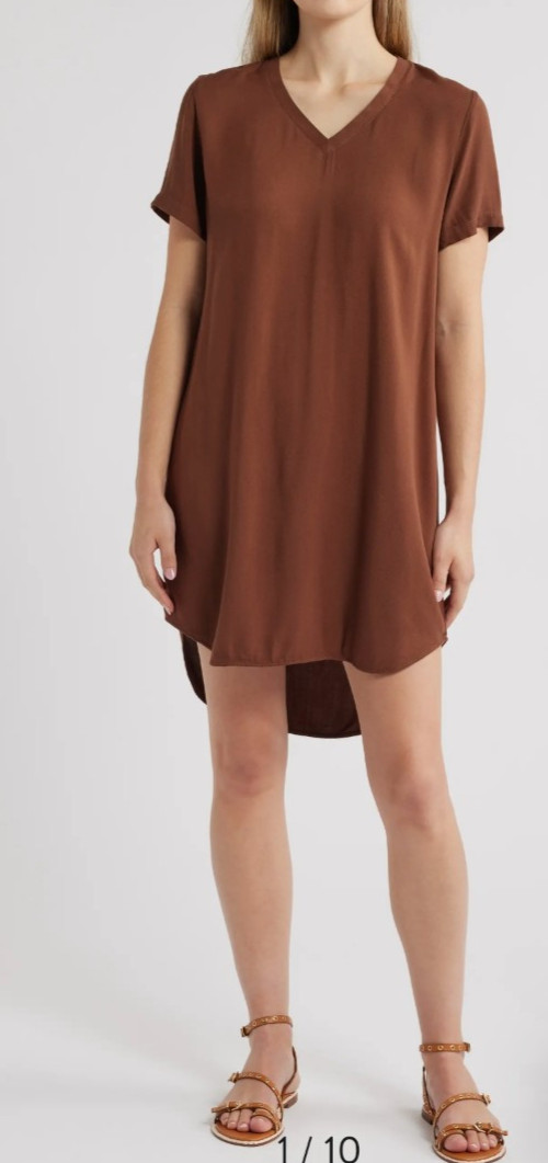Women's Bella Dahl V Neck Short Sleeve T-shirt Dress Brown Sz Lg