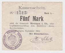 5 Mark Banknote Notgeld Hirsingen Bezirk Ober-Elsass September 1914 (130650)