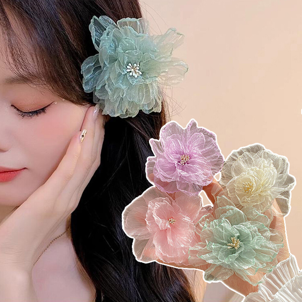 Organza Flower Hairpin Bridal  Flower Hairpin Barrette Bridesmaid Hair Clip US