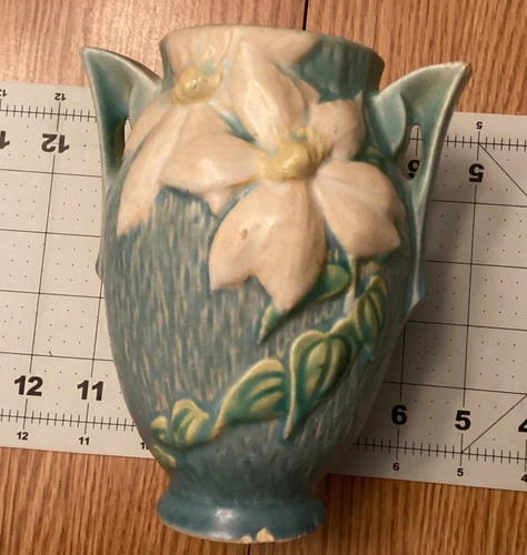 Vintage Roseville Pottery Arts Two Handled Clematis Vase 102-6 BLUE*Chipped*