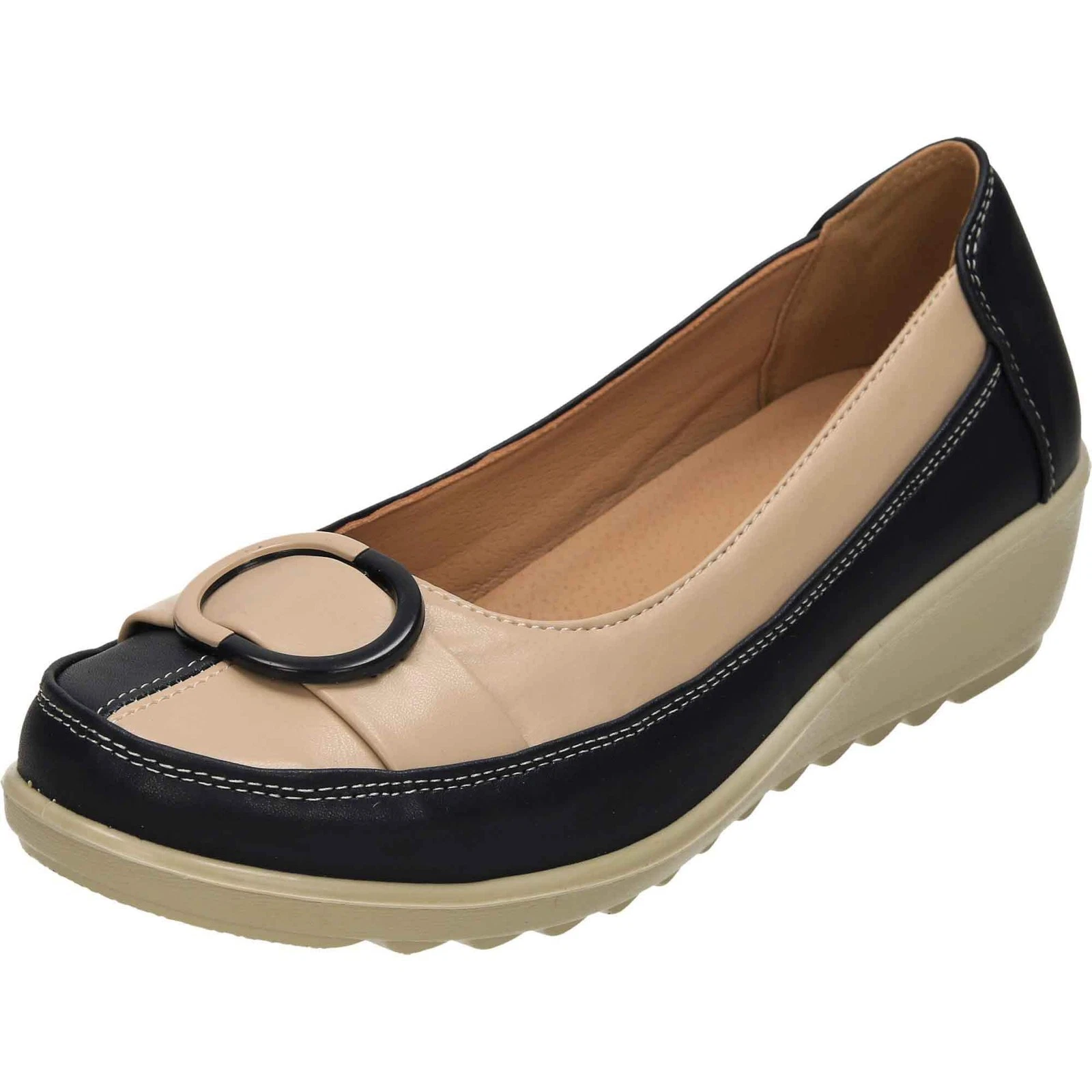 Ladies Low Wedge Heel Court Shoes Wide Fit Navy Beige Lightweight Wedding Pump