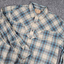 Scully Western Plaid Long Sleeve Snap Button Shirt Men's Large Blue Gray Cream