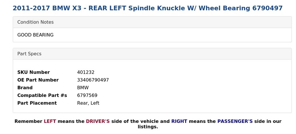 BMW X3 2011-2017 - Nudillo de husillo trasero izquierdo con cojinete de rueda 6790497 Foto 3 de 4