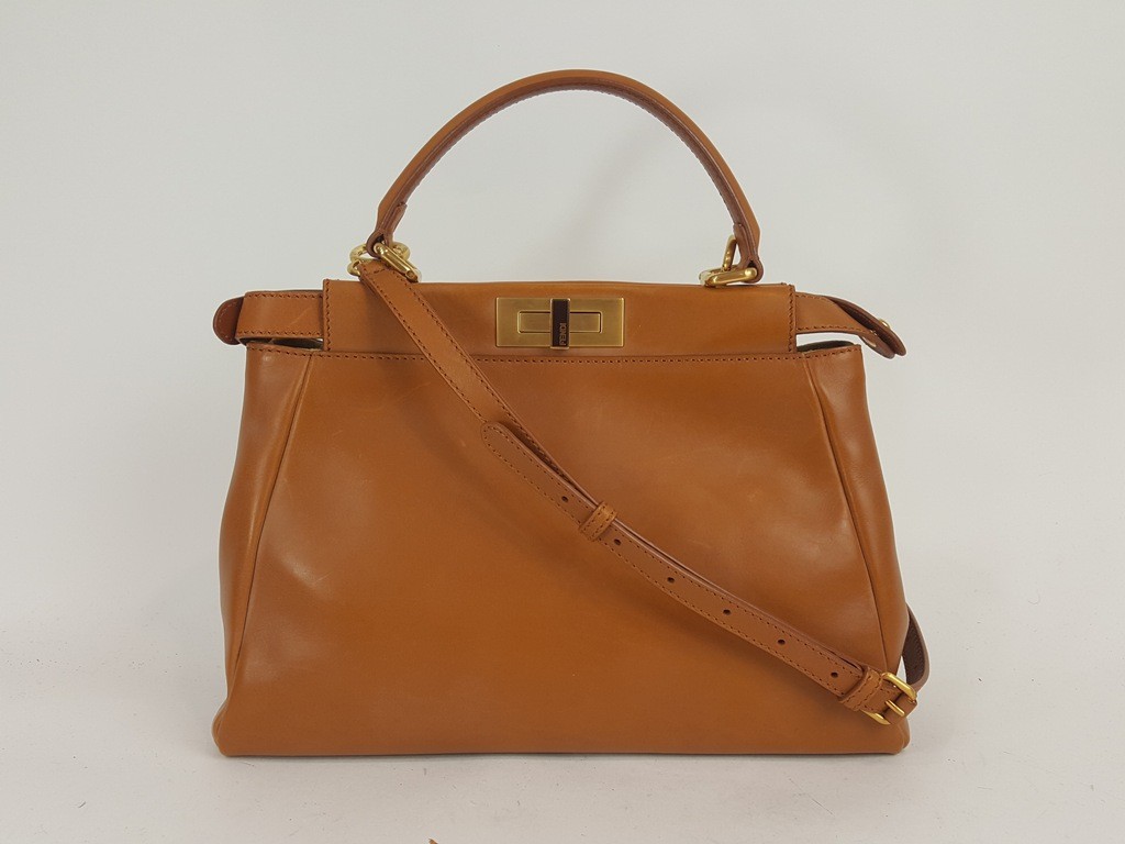 Fendi Peekaboo Caramel Brown Leather Top Handle Crossbody Bag