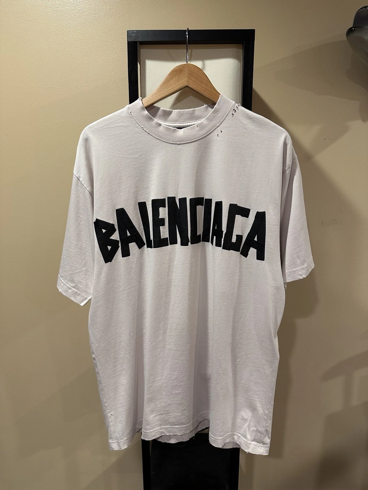 Balenciaga — Balenciaga Distressed Type Black Duct Tape Logo White Tee