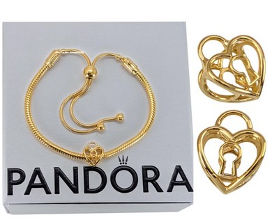 NEW 100% PANDORA 14K Lock in Love Golden Heart Padlock Charm + Bracelet Gift Set