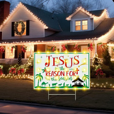 24 Inch Christmas Holy Nativity Yard Sign with Light Stakes Jesus Is the Reason