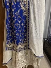 Pakistani Blue White Salwar Kameez Net Cotton Gold Embroidery Dupatta