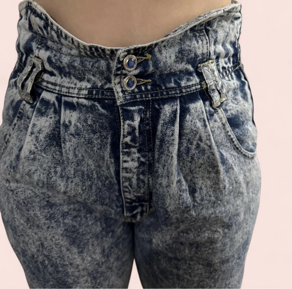 Винтажные джинсы 80-х кислотная стирка - дорожные с высокой талией сужающиеся штанины гранж джинсовая ткань - Изображение 3 из 4