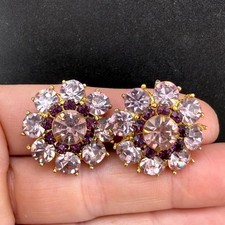 Vintage Rhinestone Clip On Earrings Purple SP...