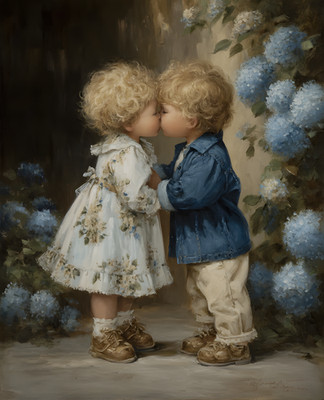 8x10 Two Children Kissing in Front of a Bush of Blue Art Print - 303281142