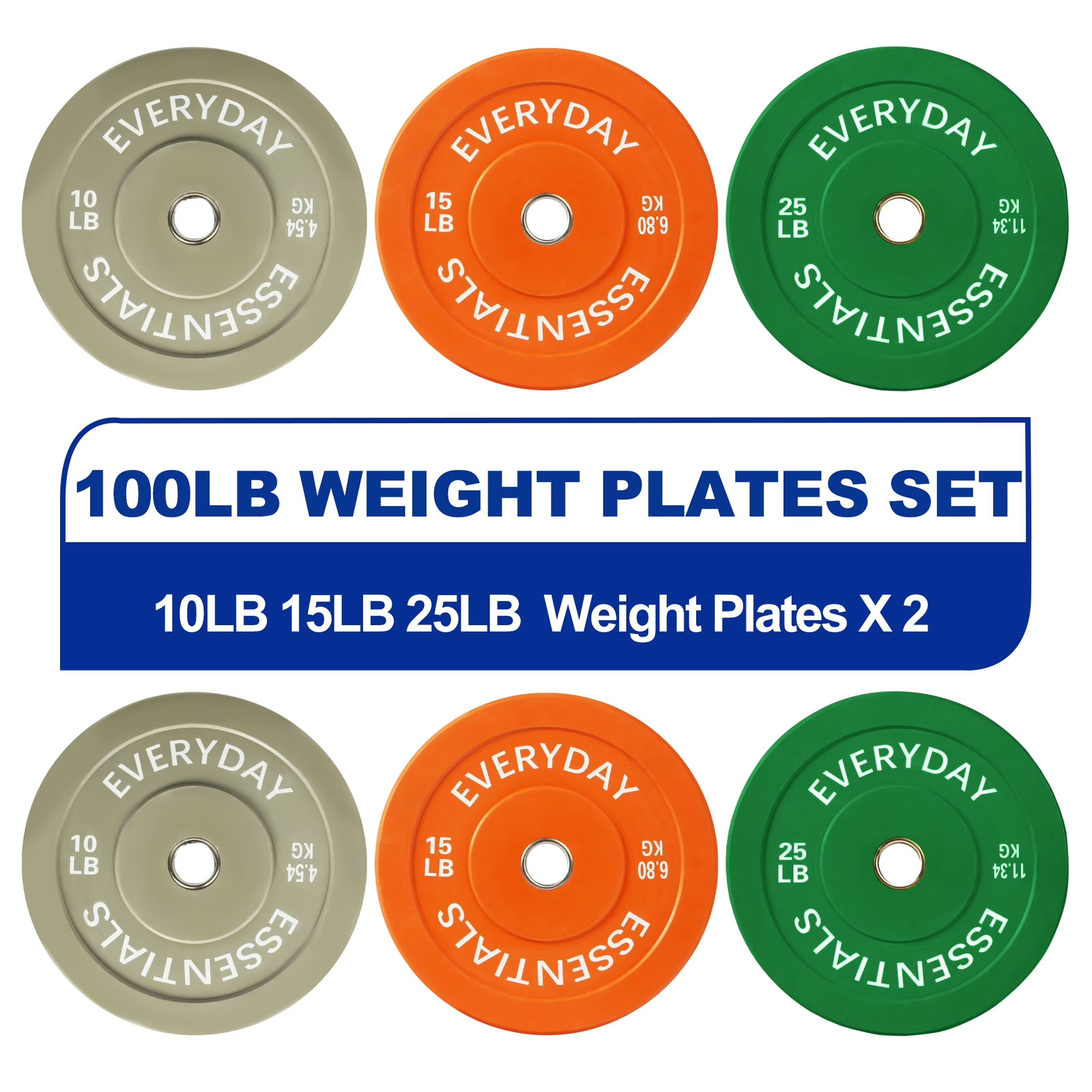 Olympic Bumper Plate Weight Lifting Set 100 Lbs Set Steel Hub Colored Home Gym