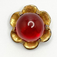 Large Antique Red Glass Cabochon Button w/ Wavy Petal Brass Border 1 1/8"