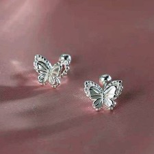 Double-layer Hollow CZ Inlaid Butterfly Silver Plated Stud Earrings Screw Back