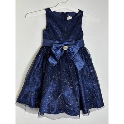 Rare Editions Girls 4T Navy Blue Gold Glitter Tulle Party Dress Rhinestone Bow