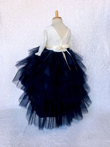 Ivory Lace 3/4 Sleeve Multicolor High Low Tulle Ruffle Flower Girl Dress Wedding - Picture 41 of 50