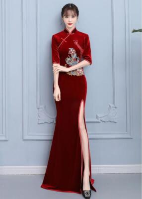 Elegant Mandarin Collar Short Sleeve embroidery Velvet Gown Bodycon Cheongsam HA