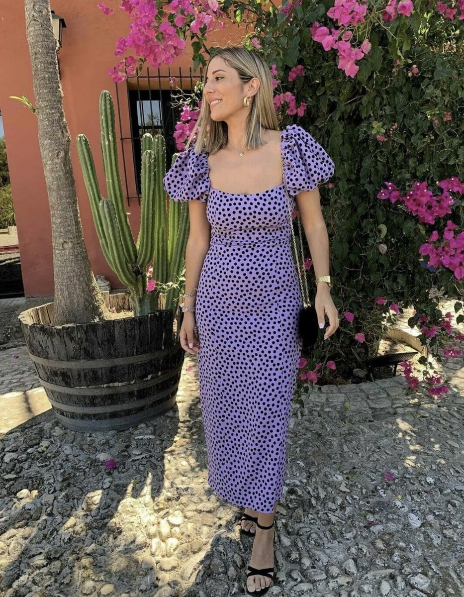 NWT_ ZARA WOMAN POLKA DOT PRINT MIDI DRESS PUFF-SLEEVES LAVENDER  8739/539_XS | eBay