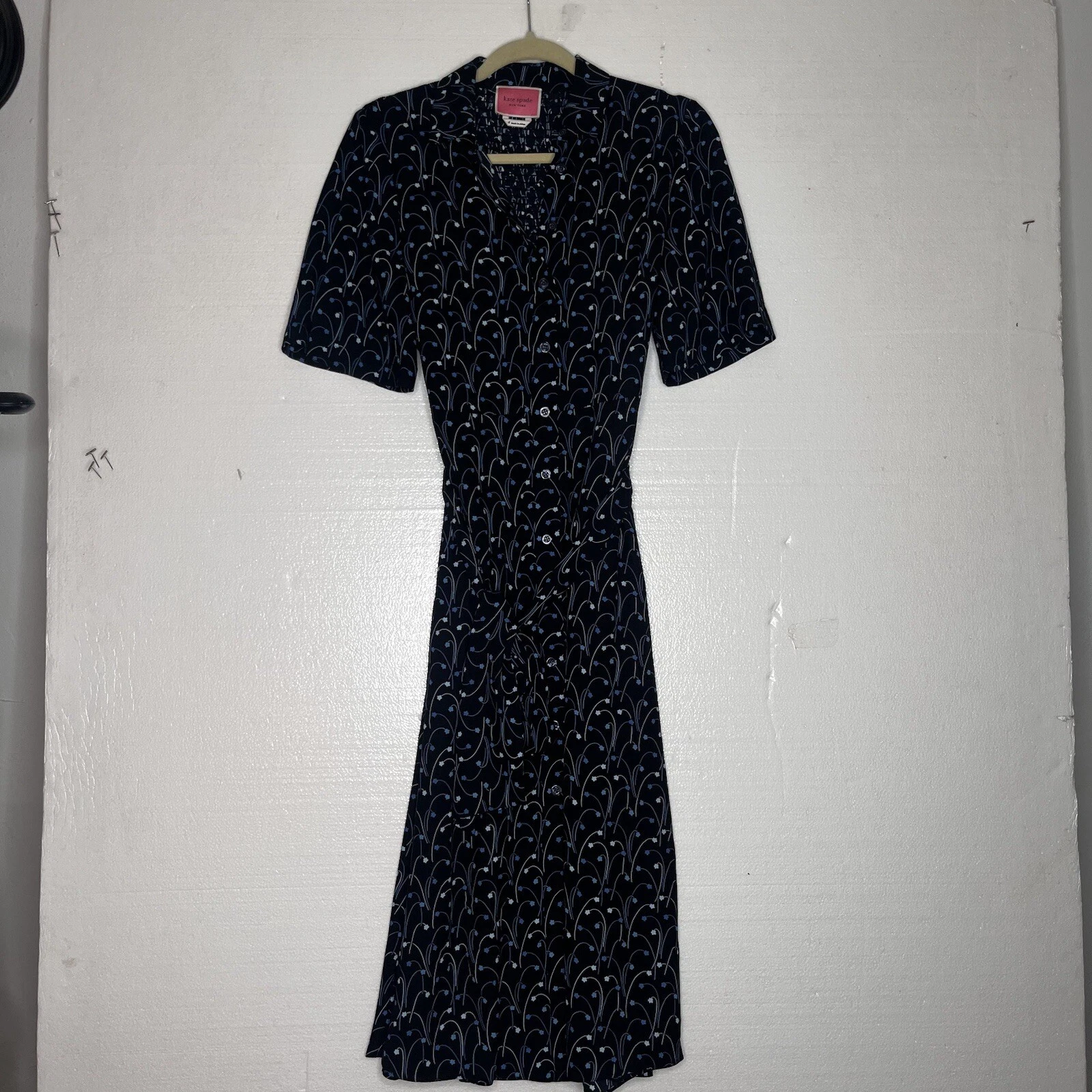 Abito Camicia Kate Spade Blu Stella Floreale Schiena Fumè Midi Tg 6