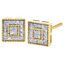 10K Yellow Gold Round Diamond Milgrain Square Pave Studs 6.5mm Earrings 0.15 Ct.