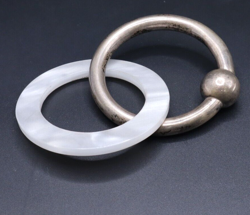 Sterling Silver 925 Baby Ring Ball Vintage Rattle & Plastic Teether Toy
