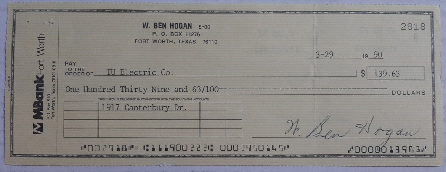 Ben Hogan Signed Check PSA DNA COA PGA Golfer Autographed Bank Check