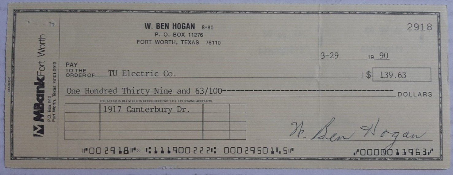 Ben Hogan Autographed Signed Check PSA DNA COA PGA Golfer Bank Check 