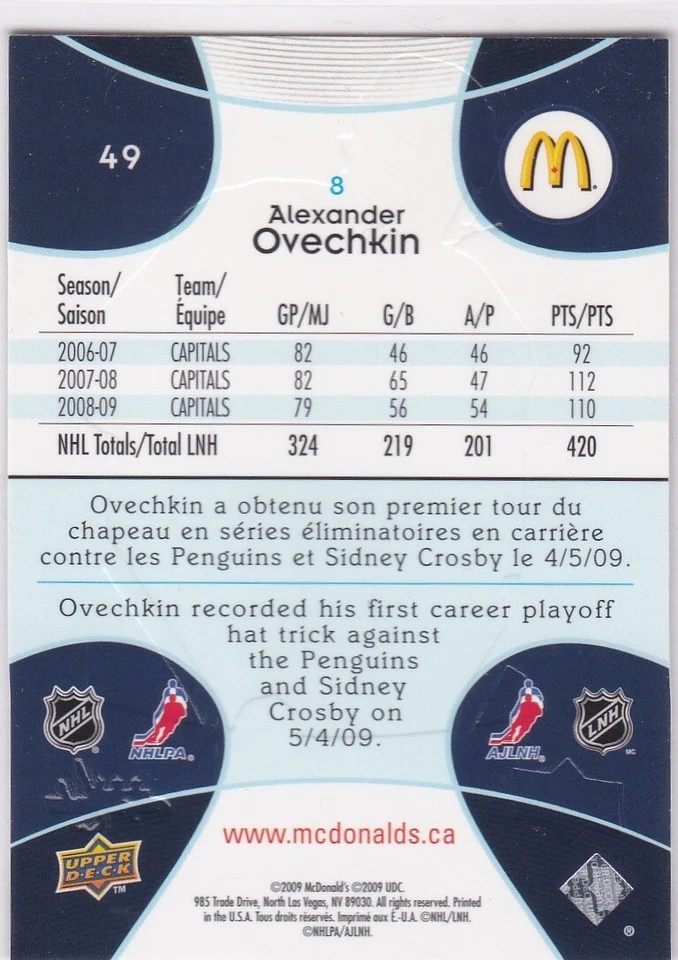 ALEXANDER OVECHKIN 2008 Upper Deck McDonald's Hockey Card WASHINGTON CAPITALS! - Image 2 of 2