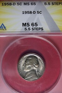 1958 ANACS 5C MS65 5.5 STEPS JEFFERSON NICKEL #B48484