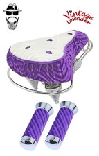 VINTAGE LOWRIDER 10" LONG BEACHCRUISER VELOUR SADDLE PURPLE/WHITE W/VELOUR GRIPS