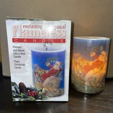 Flameless Musical Candle w/Santa & Reindeer Plays Jingle Bells Flickers 4 inch