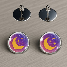 Moon  Stars Glass Stud Earrings   14mm or 18mm   Stainless Steel Jewelry
