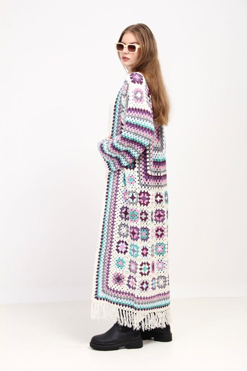 Boho Style White Multicolour  Cardigan For women/ Handmade Crochet Cardigan