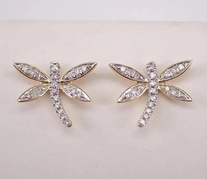 Authentic 1.50Ct Round Simulated Diamond Dragonfly Stud Earrings 14K Yellow Gold Plated