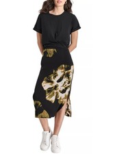 DKNY Womens Short Sleeve Floral Print Midi Dress Medium Black - NWT 129
