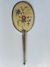 Hand Mirror Silver Tone Floral Embroidered Back Metal Handle Art Deco Vintage