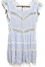 Free People Women's -M Summer Mini Dress Floral Crochet Retro Kitty Blue White