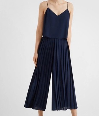 Club Monaco Wide Leg Pleated Spaghetti Strap Chiffon Navy Jumpsuit Size 4 