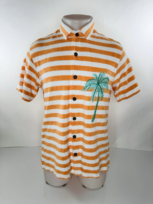 KENNY FLOWERS Embroidered Palm Terry Cloth Hawaiian Aloha S / M Shirt  EXCELLENT